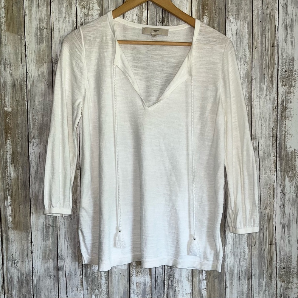 Loft White Split Neck Blouse